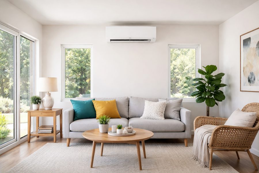 Room with Ductless Air Conditioner Alpine Ductless heating and cooling air conditioner